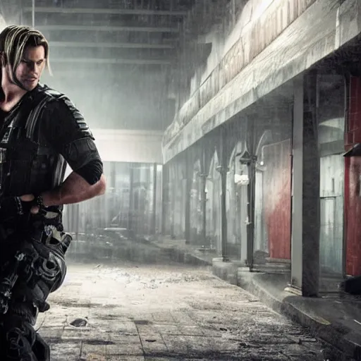 Prompt: chris hemsworth as leon kennedy in resident evil, 4k, high detail, high-resolution photograph, professional photography