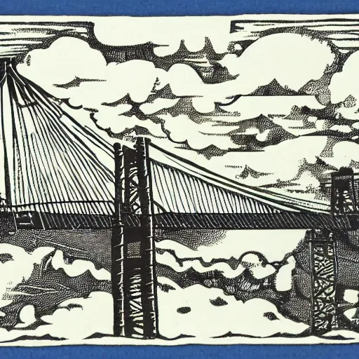 Image similar to small iron suspension bridge built in 1 9 2 8, side view, puffy clouds in background, woodcut style, rubber stamp, 8 k