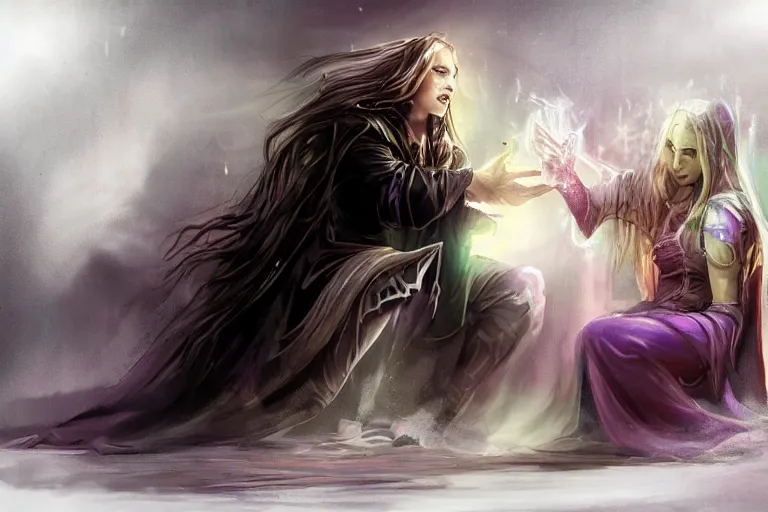 Prompt: the dark sorceress bestows her magic upon her disciple, which is kneeling in front of her, concept art, trending on artstatio HD