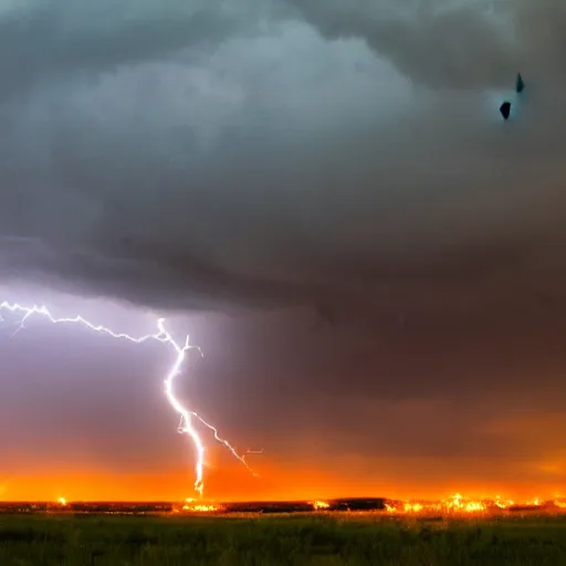 Image similar to enormous creature in the fiery plains during a thunderstorm, seen from a distance, rtx on