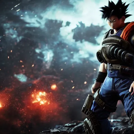 Image similar to goku in gears of war battlefield 5, splash art, movie still, cinematic lighting, dramatic, octane render, long lens, shallow depth of field, bokeh, anamorphic lens flare, 8 k, hyper detailed, 3 5 mm film grain