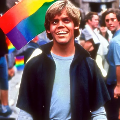 Image similar to rotj luke skywalker goes to pride, getty images, victorious, flags, parade, gay rights, bright smiles, daylight, twenty three year old luke skywalker at gay pride, 3 5 mm photography, played by young mark hamill, very happy, smiling