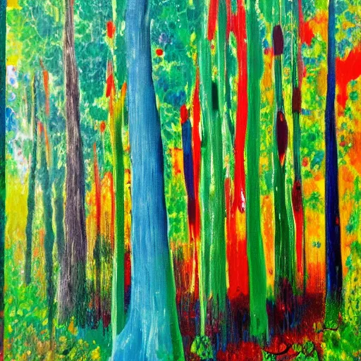 Image similar to paint of acrylic dripped forest with green, blue, red tree trunks. acrylic on canvas, postmodern, impressionist