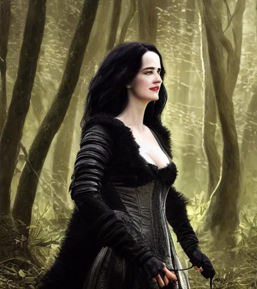 Image similar to 5 5 mm close up portrait photo of eva green as yennefer of vengerberg in black leather armor and long black fluff hair, in a forest. magical atmosphere. art by greg rutkowski. lifelike. very detailed 8 k. intricate. soft light. nikon d 8 5 0.