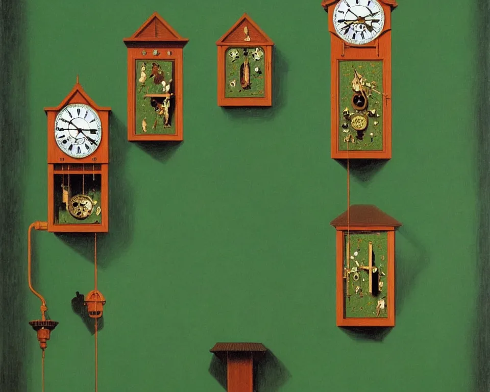 Prompt: an achingly beautiful print of dozens of ornate cuckoo clocks on a dark green wall by Raphael, Hopper, and Rene Magritte. detailed, romantic, enchanting, trending on artstation.