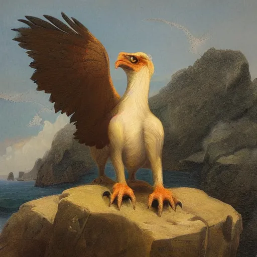 Prompt: a gryphon on a cliff, near the sea, full of waves, romantic painting, 1 8 0 0 s