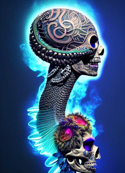 Image similar to 3 d shaman with tattoos profile portrait, sigma 5 0 0 mm f / 5. beautiful intricate highly detailed quetzalcoatl skull and feathers. bioluminescent, gradient background, plasma, frost, water, wind, creature, thunderstorm! artwork by tooth wu and wlop and beeple and greg rutkowski, 8 k trending on artstation,