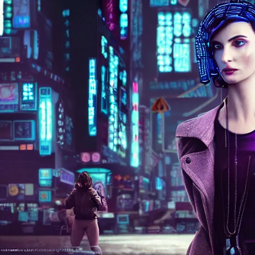 Image similar to Stunning cinematic photograph Gal Godot is the cyberpunk woman in Neuromancer Molly Millions in Chiba City, highly detailed, promotional photo by Warner Bros