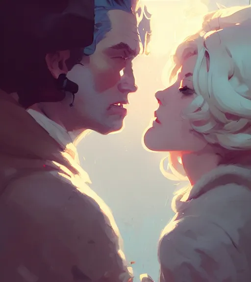 Prompt: portrait of cullen kissing clementina by atey ghailan, by greg rutkowski, by greg tocchini, by james gilleard, by joe fenton, by kaethe butcher, dynamic lighting, gradient light blue, brown, blonde cream and white color scheme, grunge aesthetic