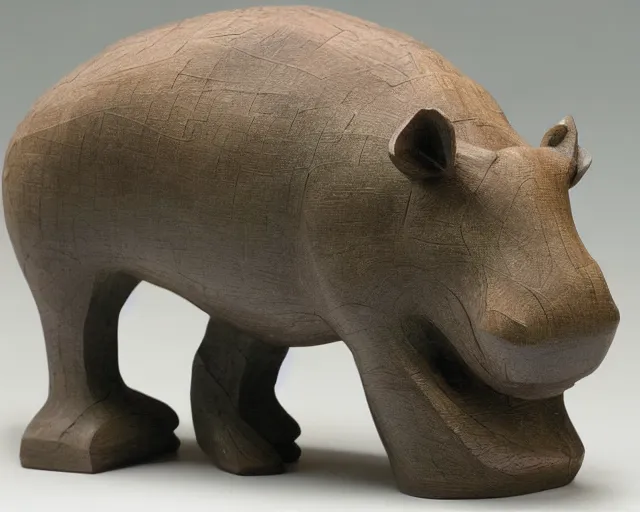 Prompt: a sculpture of hippo baby, half wood carved half resin epoxy, cubic blocks, side view centered