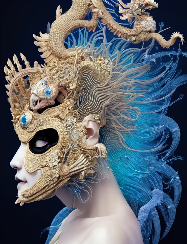 Image similar to 3 d goddess close - up profile portrait with crown, ram skull. beautiful intricately detailed japanese crow kitsune mask and clasical japanese kimono. betta fish, jellyfish phoenix, bio luminescent, plasma, ice, water, wind, creature, artwork by tooth wu and wlop and beeple and greg rutkowski