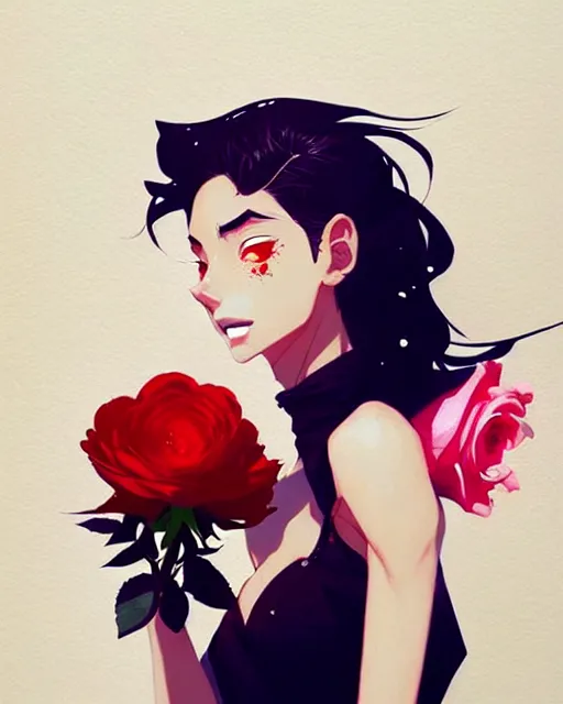 Image similar to a ultradetailed beautiful panting of a stylish woman holding a rose, by conrad roset, greg rutkowski and makoto shinkai, trending on artstation