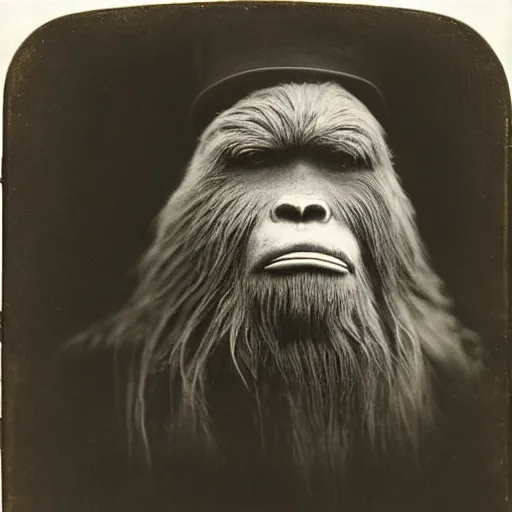 Prompt: a vintage wet plate portrait of a dignified bigfoot with a top hat and cane, extremely detailed, by julia margaret cameron!!!!!!!!!!!!!!!!!!