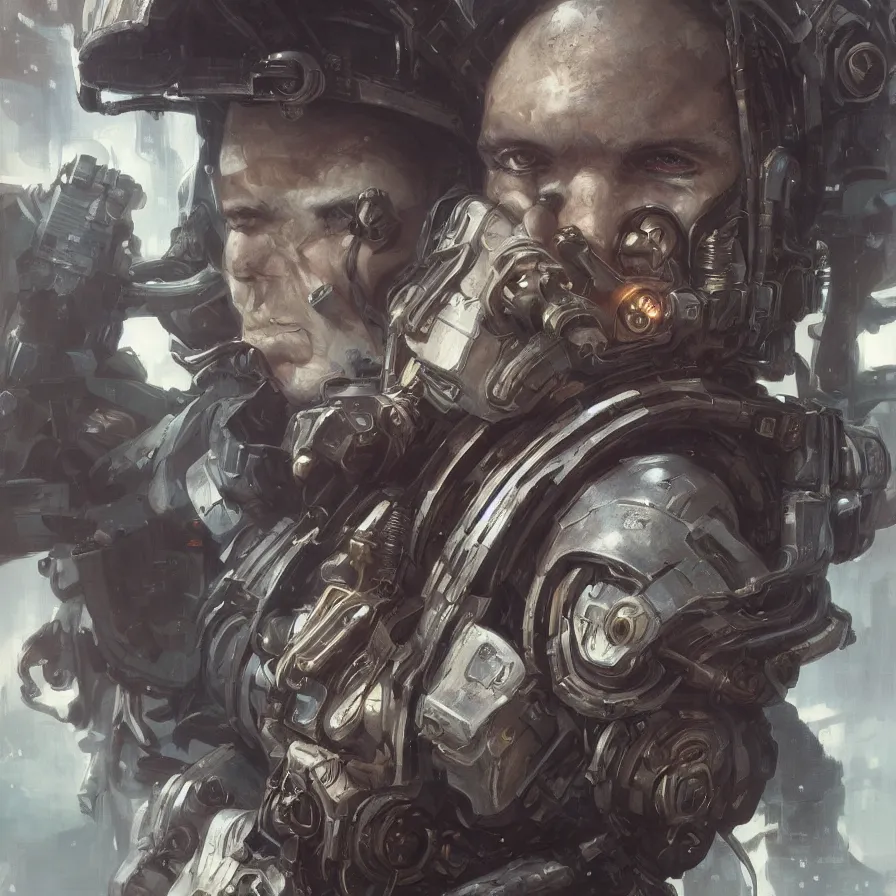 Image similar to scifi character portrait Painting of a futuristic captain, warhammer40k, dystopian mood, intricate, wild, highly detailed, digital painting, artstation, concept art, smooth, sharp focus, illustration, art by artgerm and greg rutkowski and alphonse mucha