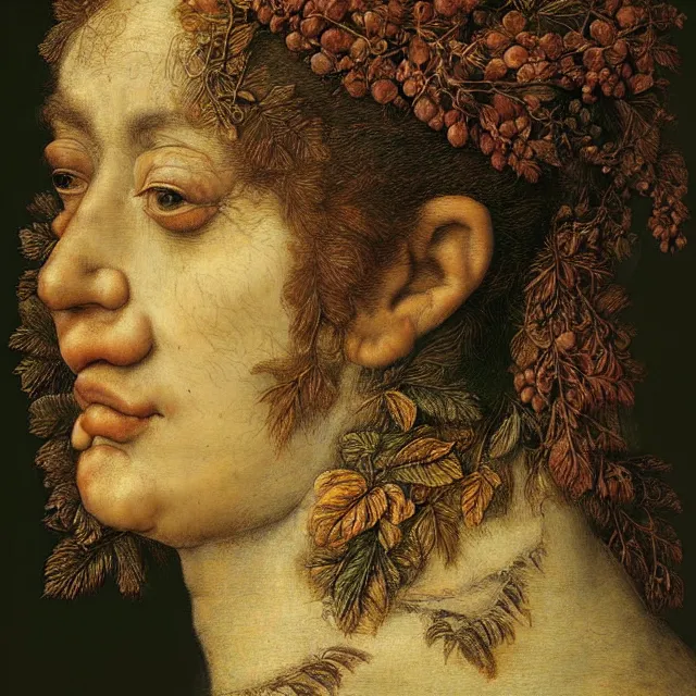 Image similar to a beautiful profile portrait of a beauty, leaves, by giuseppe arcimboldo, photo realistic, realistic materials.