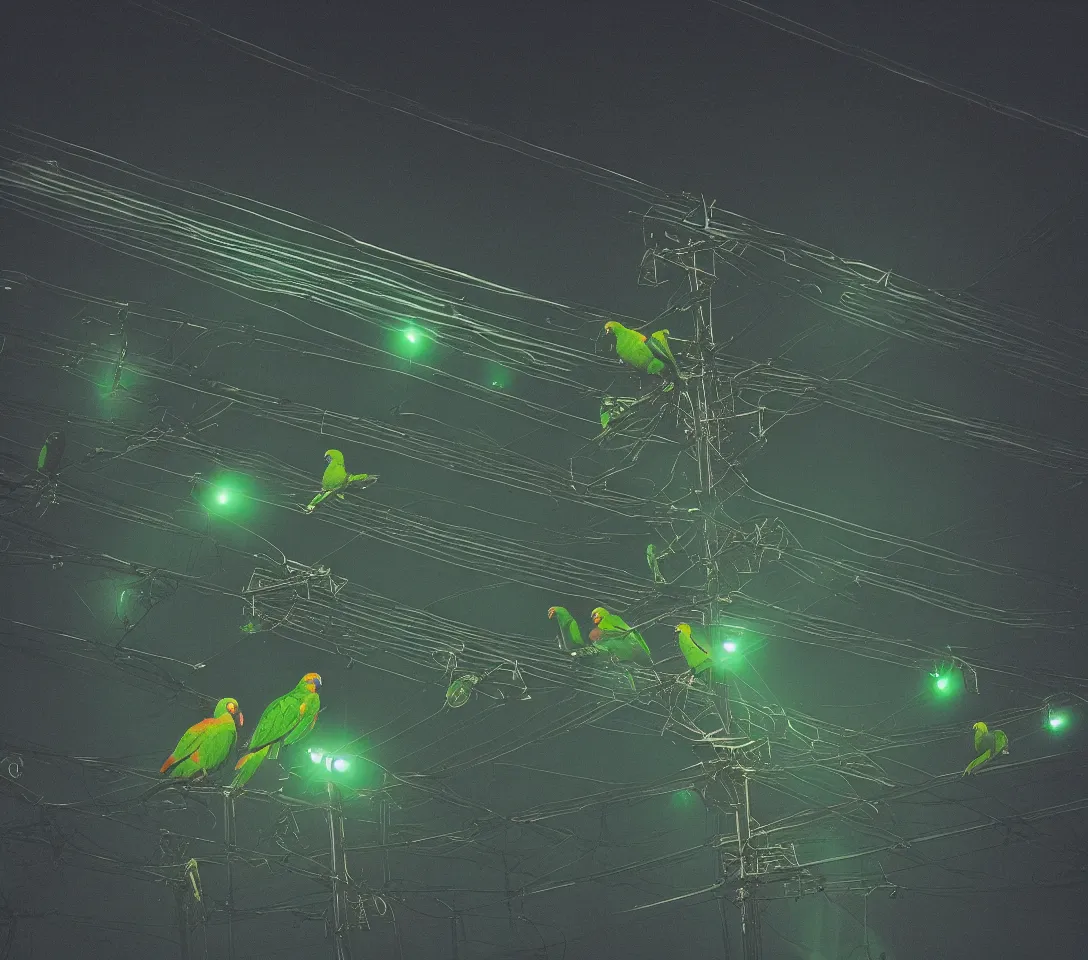 Image similar to a 3 5 mm photography of a lot of green parrots on the power lines glowing and reflecting green light from the flash of the camera at night