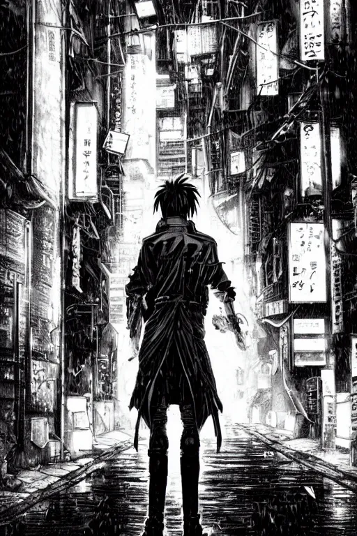 Image similar to a cyberpunk samurai in a raining cobblestone alleyway in tokyo, neon lights, full moon, fog cinematic greg rutkowski anime art hunter x hunter togashi