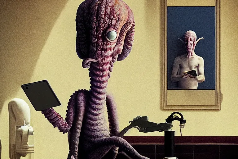 Image similar to hyperrealism aesthetic ridley scott and caravaggio and denis villeneuve style photography of a detailed giant squidward, siting on a detailed ultra huge toilet and scrolling his smartphone in surreal scene from detailed art house movie in style of alejandro jodorowsky and wes anderson