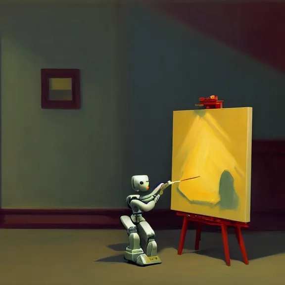 Prompt: beautiful illustration of a robot painting an artwork on a canvas with a paintbrush by Edward Hopper, colorful octane render