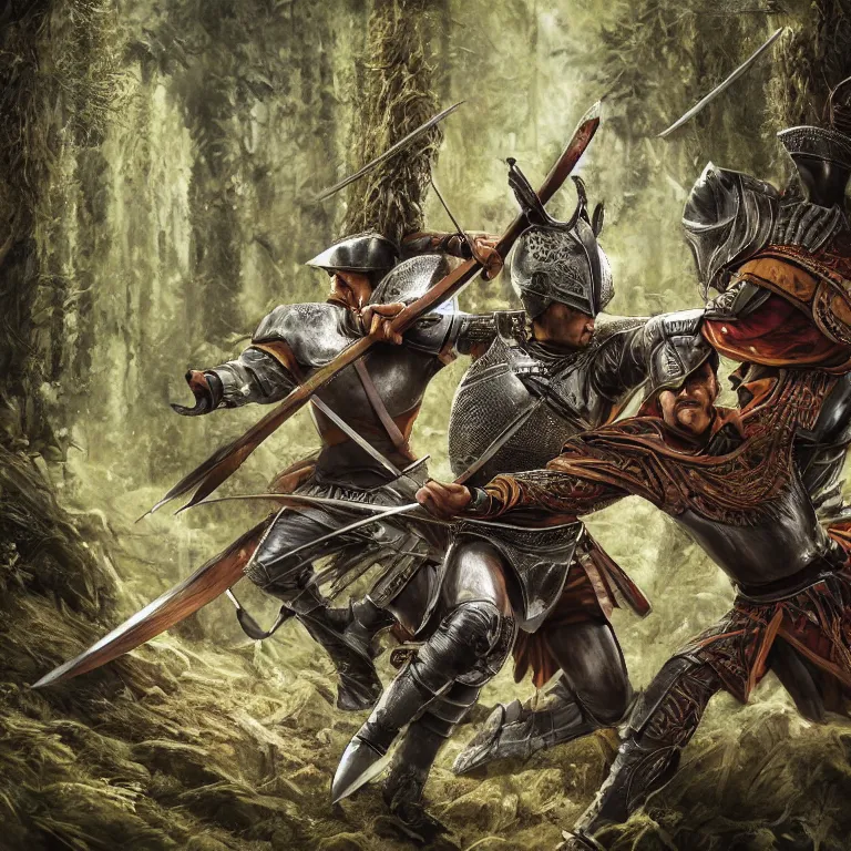 Prompt: two knights fighting with swords in forest, highly detailed, smooth, sharp focus, portrait, concept art, intricate details, fantasy poster, dark athmosphere, 8 k. lifelike. nikon d 8 5 0