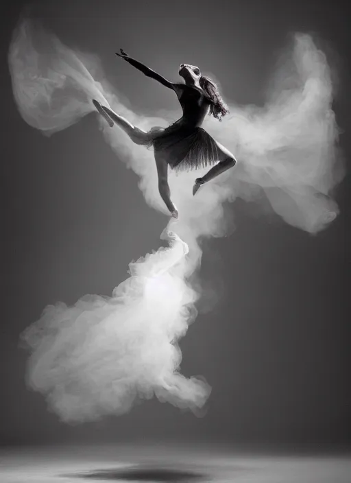 Image similar to a Photorealistic dramatic hyperrealistic render of a glamorous beautiful Female smoke dancer with perfect human form by Ken Brower and Deborah Ory of NYC Dance project,Lois Greenfield,Flowing cloth and smoke,Beautiful dynamic dramatic dark moody lighting,volumetric,shadows,cinematic atmosphere,Octane render,8K