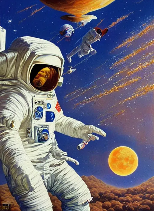 Image similar to a golden doodle astronaut, large scale painting by robert mccall and vladimir kush