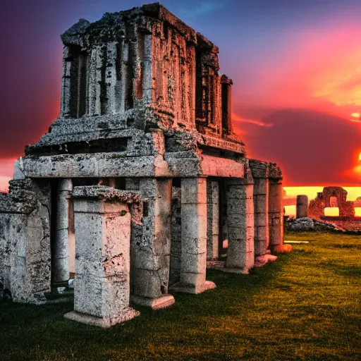 Image similar to a photo of the ruines of a geek temple during sunset on an island, 5 0 mm lens, f 1. 4, sharp focus, ethereal, emotionally evoking, head in focus, volumetric lighting, blur dreamy outdoor,