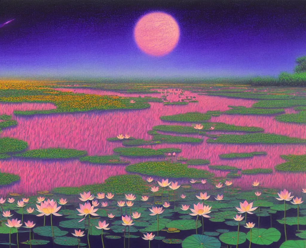 Image similar to a landscape pastel in the style of noriyoshi ohrai and mark tedin of a holy field of lotus flowers, night time. key art. 4 k retrofuturistic fantasy