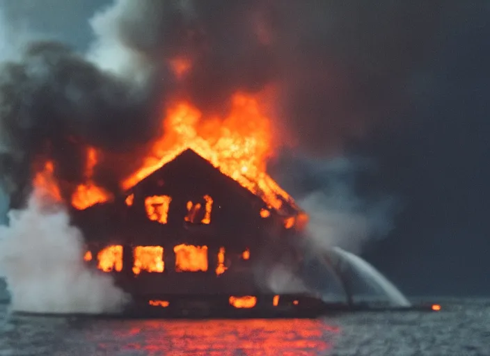 Image similar to dslr photo still of a house on fire at the bottom of the ocean, 8 5 mm f 1. 8