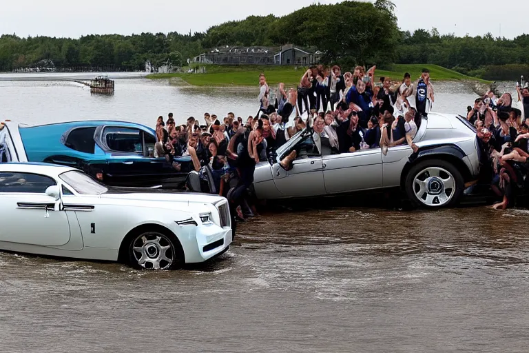 Image similar to Group of teenagers push Rolls-Royce into lake from small slide