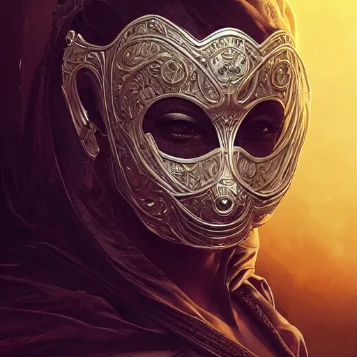 Image similar to Very very very very highly detailed epic photo of face with venetian mask, intricate, dystopian, sci-fi, extremely detailed, digital painting, artstation, concept art, smooth, sharp focus, illustration, intimidating lighting, incredible art by Artgerm and Vincent di Fate