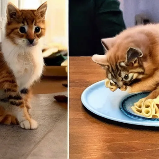 Image similar to a real life kitten and puppy eating pasta like in lady and the tramp 4k top post on reddit