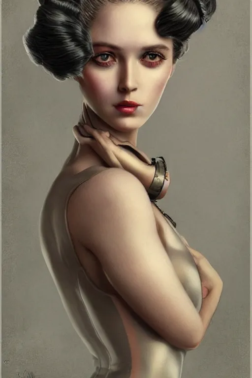 Image similar to Atompunk portrait of a beautiful female dollpunk with thin lustrous hair wearing a full bodysuit, focus, detailed, realistic eyes, symmetric body features proportions, intricate details, award winning, by Tom Bagshaw