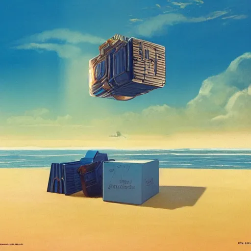 Image similar to beautiful matte painting of golden shores of a blue dreamy ocean, scientific codex cube floating above the ocean, sci - fi, daylight, blue sky, cinematic lighting, cinematic perspective, syd mead, john harris, federico pelat