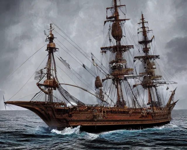 Image similar to highly detailed rendering of the HMS Bounty ship low angle cinematic art station 8k hd mist