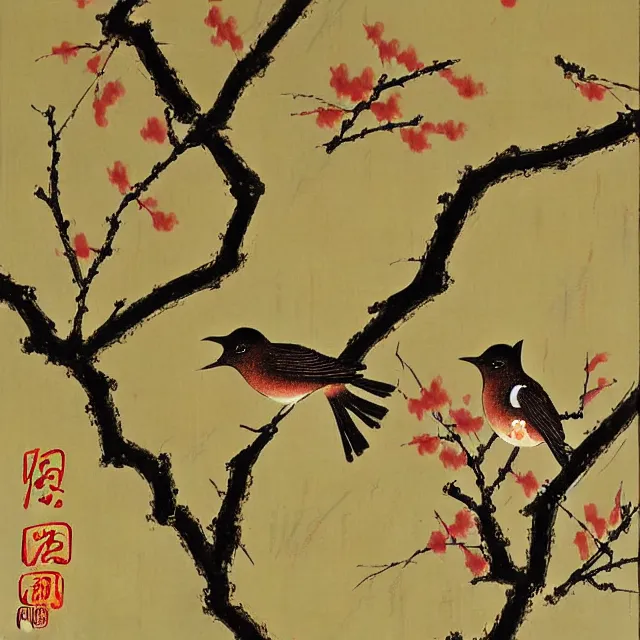 Prompt: a beautiful painting two nightingales kissed on the plum tree, by zhang daqian painting