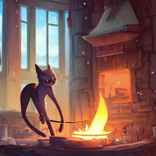 Image similar to a full body portrait of the short and fiery blacksmith Kitty with a beard at her forge, blacksmith's outfit, inside building, makoto shinkai, james gilleard, very detailed, matte, gaussian blur, tone mapped, Akihiko Yoshida.