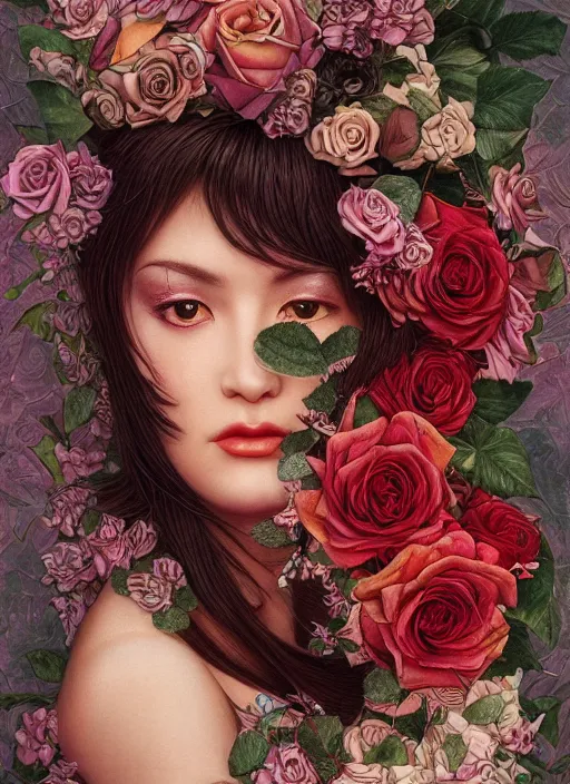 Image similar to lisa ann, cat eye, botanical, rose, portrait face, colorful, kupka, intricate, miles johnston, kuroda seiki, ozabu, godward, painterly, yoshitaka amano, moebius, miles johnston, louise zhang, james jean, mark ryden lowbrow pop surrealism art style