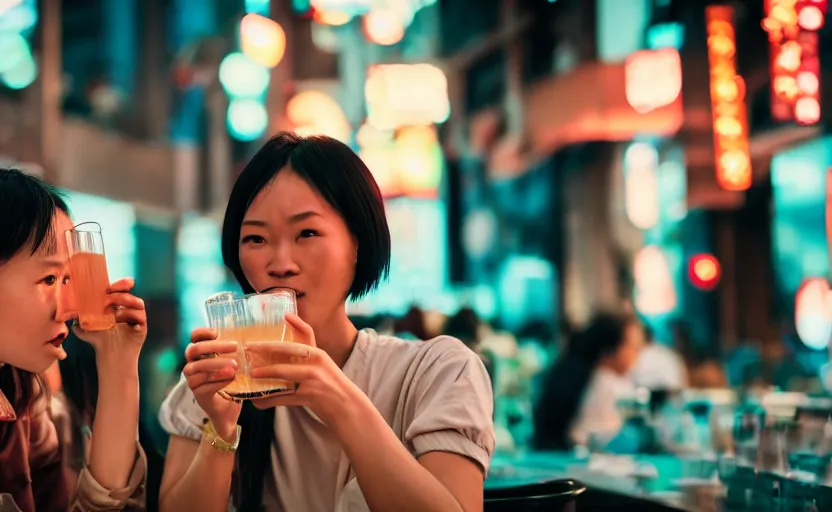 Image similar to cinestill 5 0 d photographic portrait of two android women sharing a drink at a cafe in cyberpunk china, extreme closeup, modern cyberpunk, dust storm, 8 k, hd, high resolution, 3 5 mm, f / 3 2, ultra realistic faces, intricate detail, ex machina