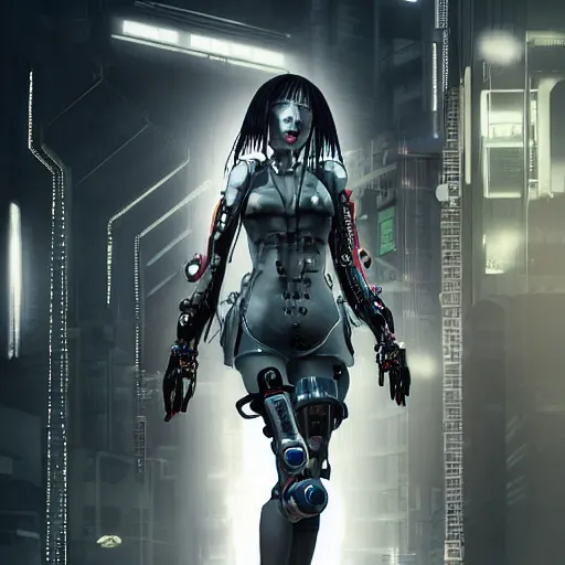 Prompt: epic photograph. Tokyo 2094. cyberpunk vampire girl, Army exoskeleton fashion, Robotic mech parts, Eye shine. dreadlocks, model standing, rim light, fill light. Studio, solid color background. Octane render, hyper-realistic, 8K, art photography, denoised photorealistic render, insanely detailed intricateby charlie bowater, mandy jurgens, gustav klimt, octane render, 4k, high detail, by tom bagshaw, powerful