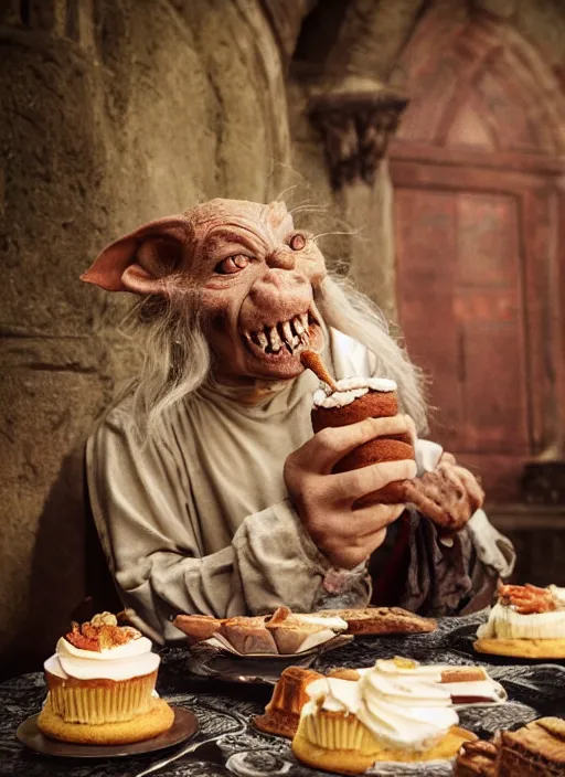 Image similar to closeup portrait of a medieval goblin eating cakes in the cloisters, depth of field, zeiss lens, detailed, symmetrical, centered, fashion photoshoot, by annie leibovitz and steve mccurry, david lazar, jimmy nelsson, breathtaking, 8 k resolution, extremely detailed, beautiful, establishing shot, artistic, hyperrealistic, beautiful face, octane render