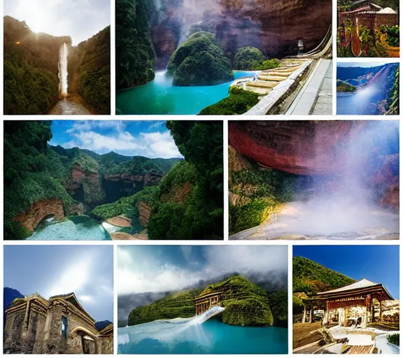Image similar to other worldly elegant fancy city, high-end civilization, luxurious onsens, with lush expensive Singaporean sakura season, Greek bathhouse, onsens, located on Waimea canyon in Kauai, Pamukkale, beautiful smooth sandstone in unique shapes with light beams that shine through its walls, gold striated interstellar swirling finish, white travertine terraces, digital painting, concept art, smooth, sharp focus, from Star Trek 2021, illustration, by WLOP and Ruan Jia and Mandy Jurgens and William-Adolphe Bouguereau, Artgerm