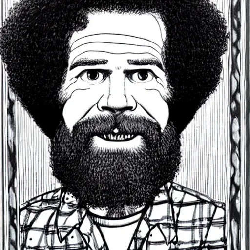 Prompt: bob ross in a portrait by robert crumb