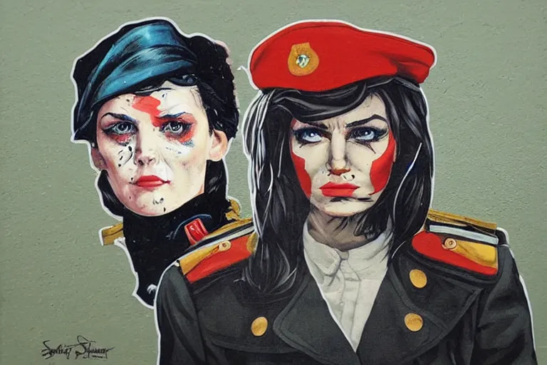 Prompt: a sad female soviet soldier, art by Sandra Chevrier