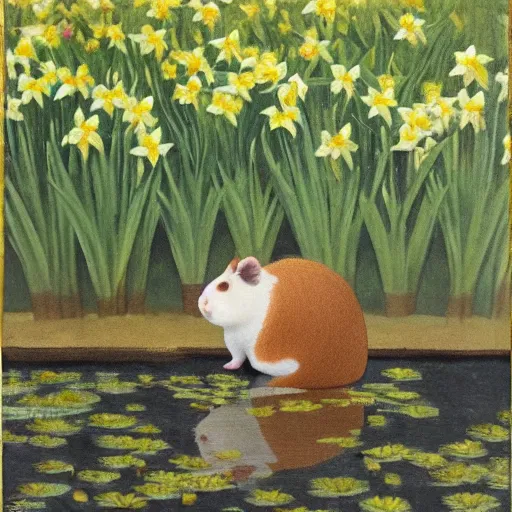 Prompt: a guinea pig sitting in a field of daffodils with a pond in the background, In The Style of Richard Bergh