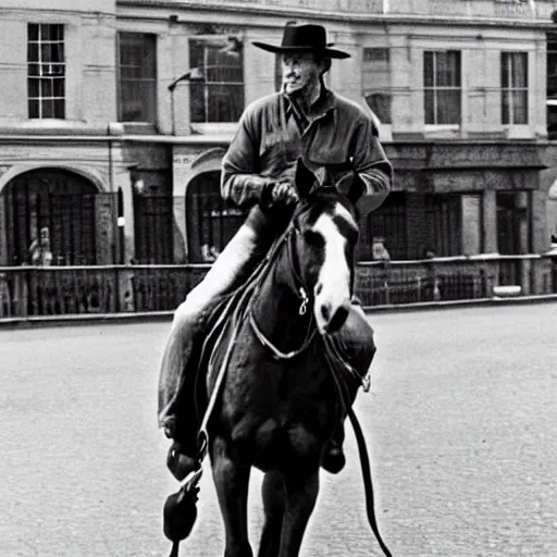 Image similar to clint eastwood riding a horse through london
