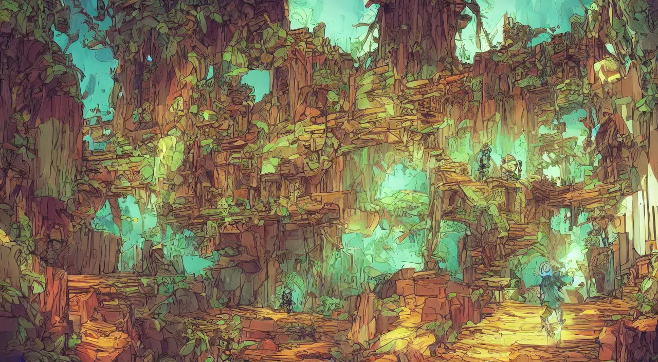 Image similar to open door wood wall fortress child house flag amazon jungle on portal unknow world ambiant fornite colorful that looks like it is from borderlands and by feng zhu and loish and laurie greasley, victo ngai, andreas rocha, john harris