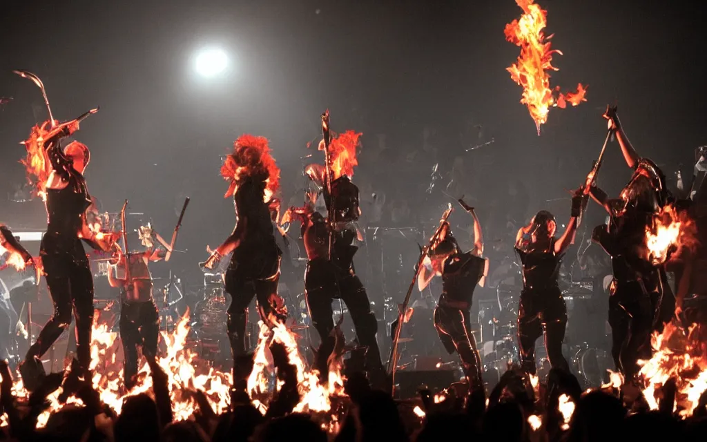 Prompt: Rammstein as blow up dolls playing on inflatable instruments, fire, balloon, inflatable guitar, pyrotechnics
