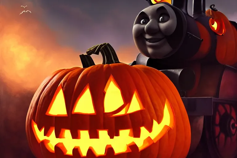 Image similar to portrait of thomas the tank engine hauling jack - o - lantern on fire, halloween night, charlie bowater, artgerm, ilya kuvshinov, krenz cushart, ruan jia, realism, ultra detailed, 8 k resolution
