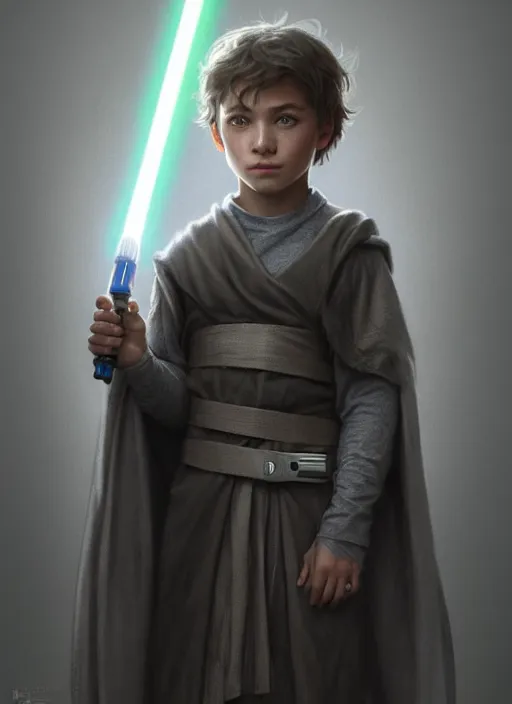 Image similar to perfectly - centered - portrait of a kid wearing grey cloak holding light saber, intricate, highly detailed, digital painting, artstation, concept art, smooth, sharp focus, illustration, unreal engine 5, 8 k, art by artgerm and greg rutkowski and alphonse mucha